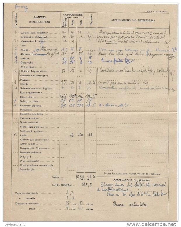 Académie De Paris /Notes Et Appréciations/Collége Moderne Et Technique Benjamin-Franklin/ORLEANS/Huvey/1948    CAH123 - Diploma's En Schoolrapporten