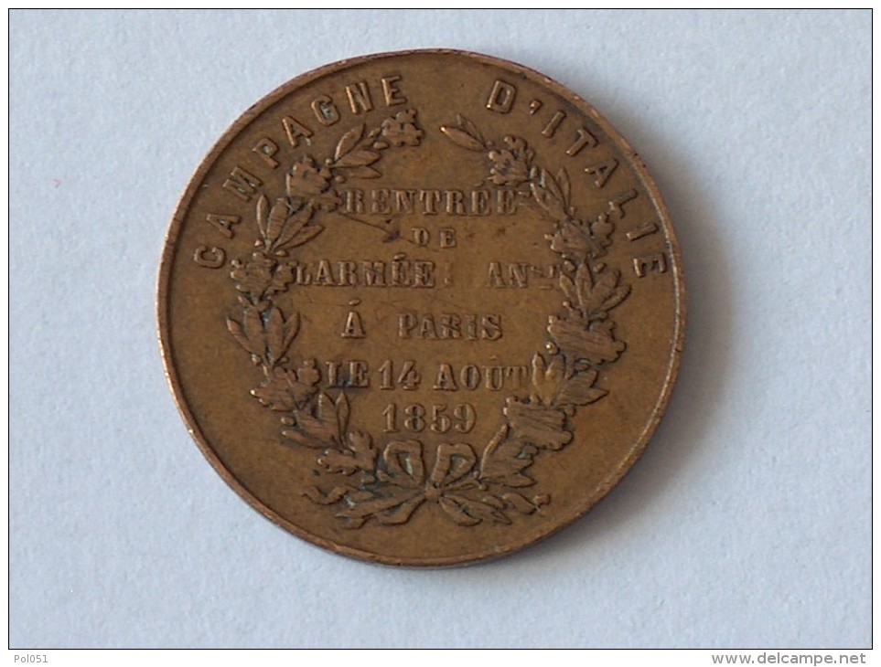 Médaille Napoléon III Campagne D'Italie Entrée Armée Française Paris 1859 - Royaux / De Noblesse