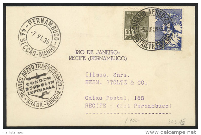 Card Flown By ZEPPELIN Between Rio De Janeiro And Recife On 5/JUN/1935, VF Quality! - Covers & Documents