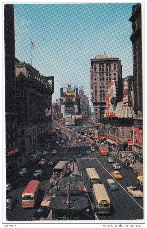 Times Square: PONTIAC STARCHIEF CONVERTIBLE, DODGE SIERRA WAGON, CHECKER & CHEVROLET CAB/TAXI'S, BUS - 'PEPSI-COLA' - Transports