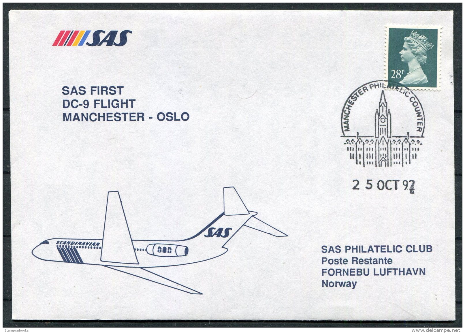 1992 GB Norway SAS First Flight Cover. Manchester - Oslo - Briefe U. Dokumente