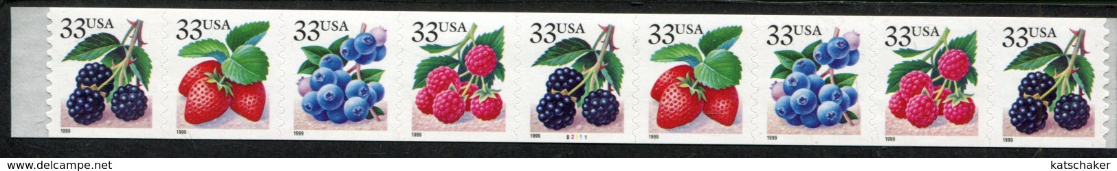 404168796 USA DB  1999 POSTFRIS MINT NEVER HINGED POSTFRISCH EINWANDFREI  SCOTT 3305A STRIP OF 9 P B2211 - Rollenmarken (Plattennummern)