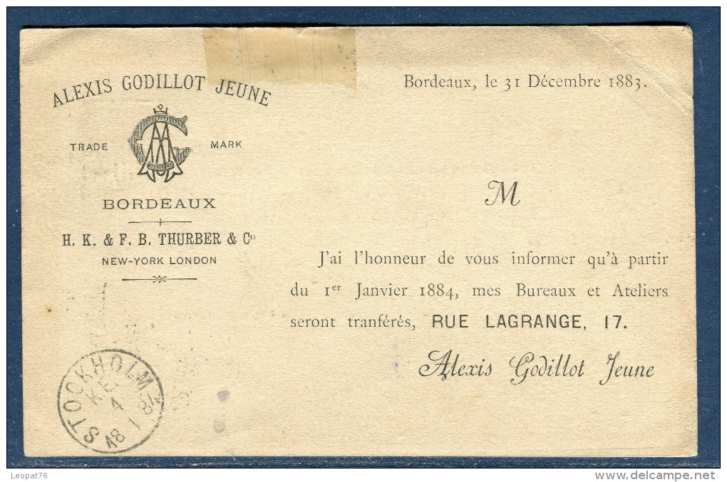 France - Entier Postal Type Sage Repiquage Commerciale Au Verso De Bordeaux En 1883 Pour La Suéde  Réf O 49 - Cartes Postales Repiquages (avant 1995)