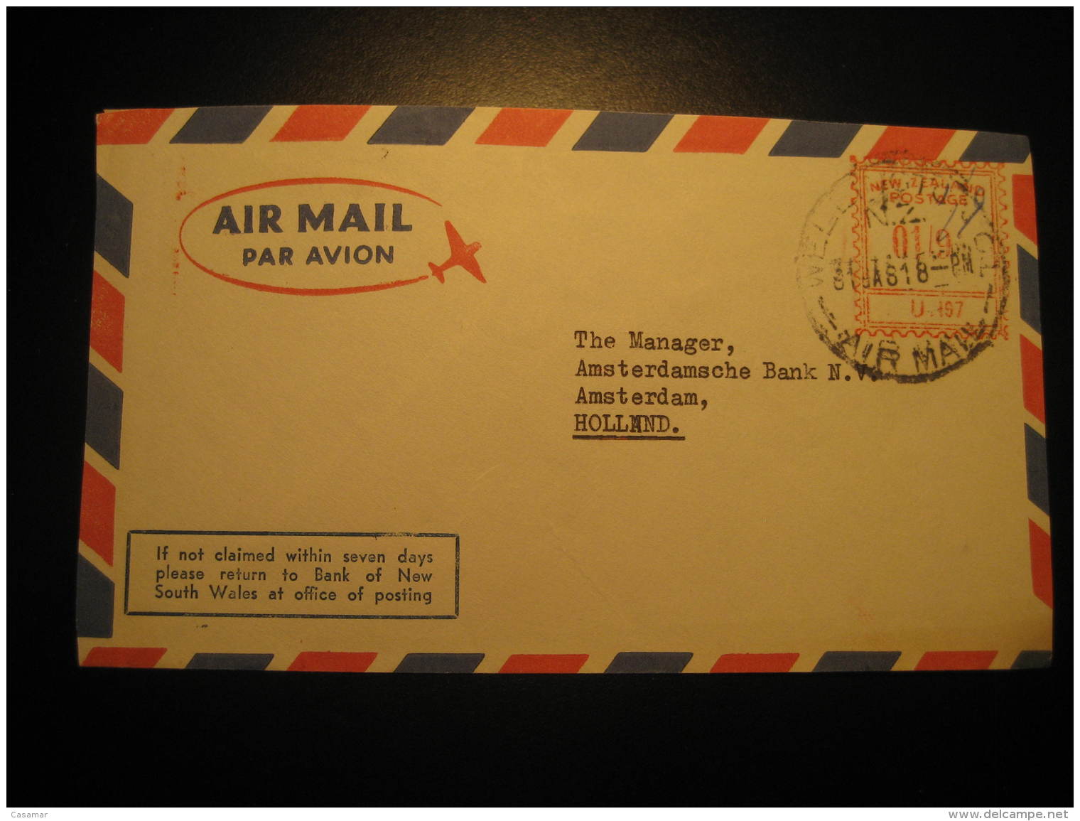 Wellington To Amsterdam Netherlands Bank Of New South Wales Postage Paid Meter Mail Cancel Air Mail Cover New Zealand - Briefe U. Dokumente