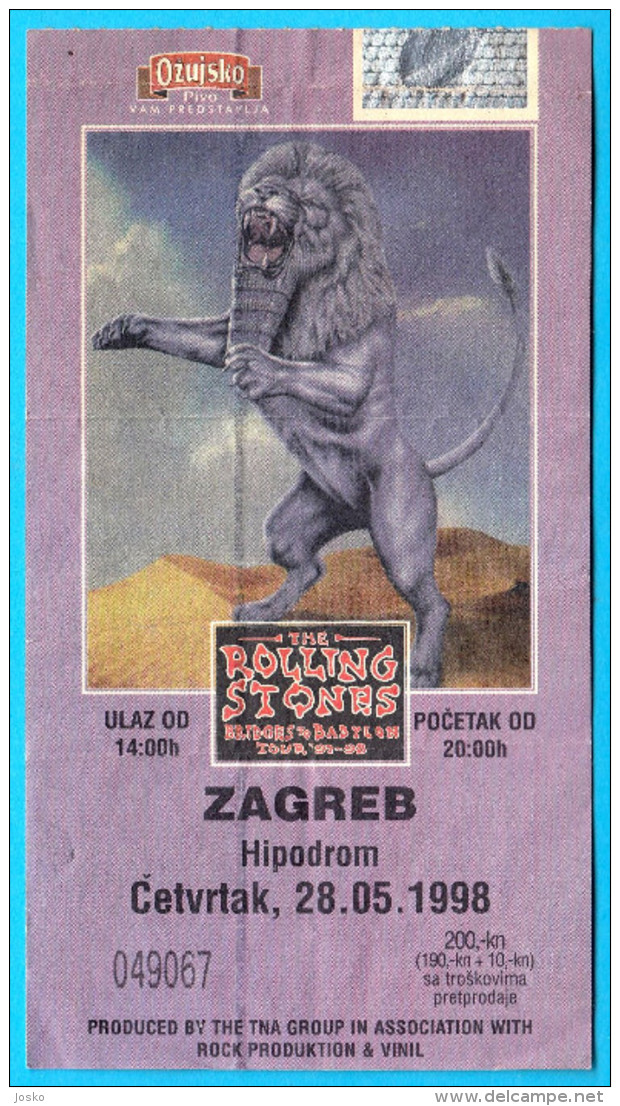 THE ROLLING STONES - Bridges To Babylon Tour '97-98. * 1998. Croatian Concert Ticket Billet Biglietto Boleto - Concerttickets