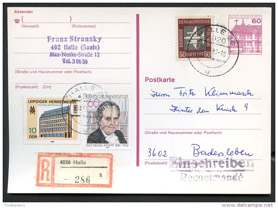 BERLIN P122I Postkarte EINSCHREIBEN Halle-Badersleben 30.07.1990 - Cartes Postales - Oblitérées