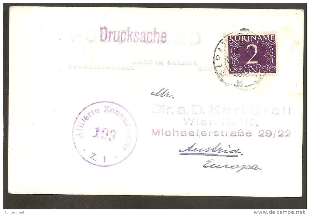 Paramaribo. Palmenlaan. Photo Card. Stamp 2ct Van Krimpen. Censor Austria - Surinam