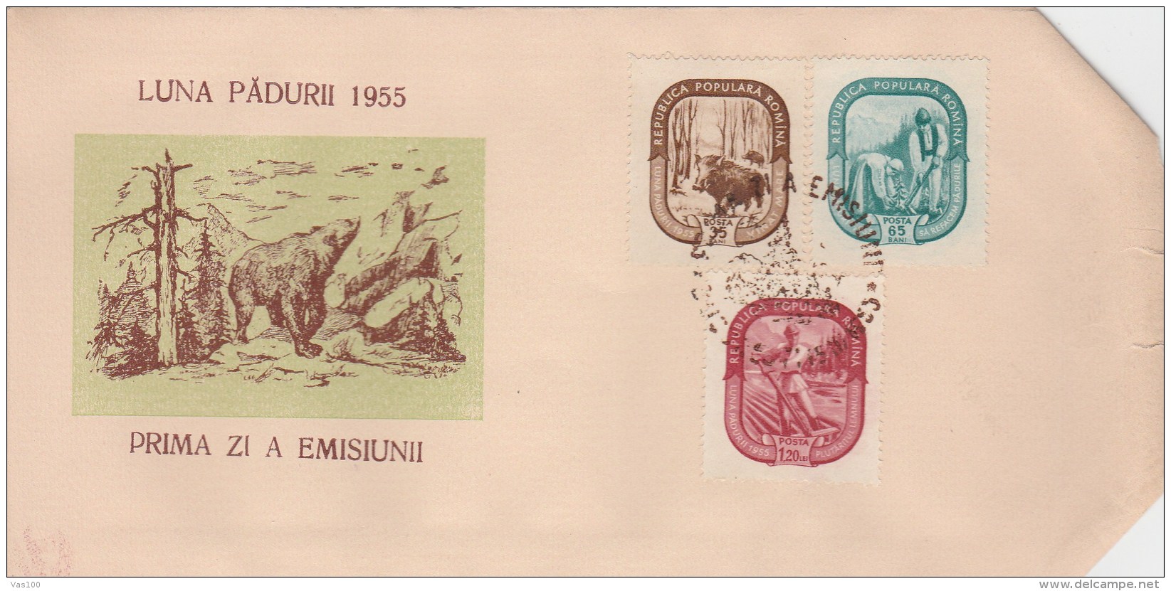 #BV3907  BEAR, FOREST,  WILD BOAR, COVER FDC , 1955, ROMANIA. - FDC