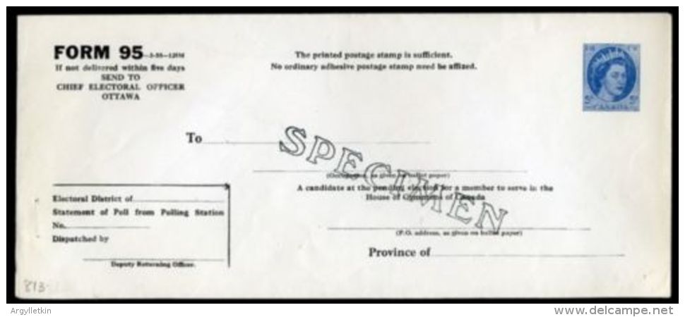 CANADA SPECIMEN POSTAL STATIONERY ELECTION ENV QE11 - 1953-.... Règne D'Elizabeth II