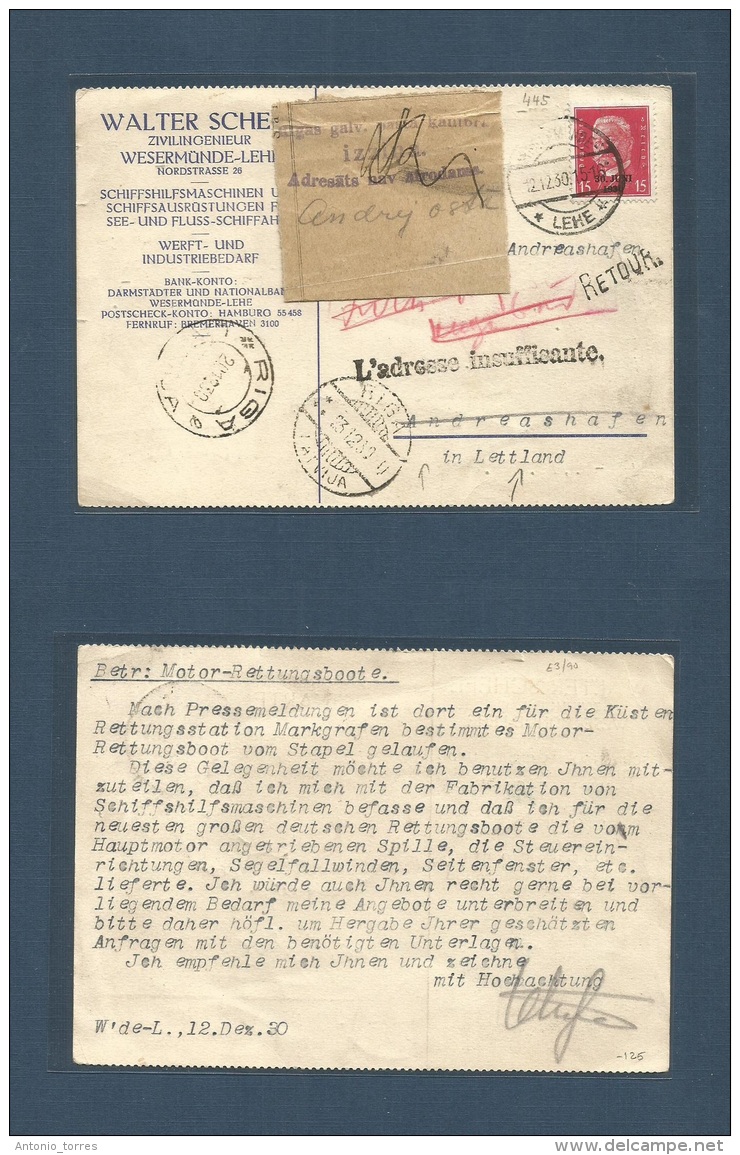 Latvia. 1930 (12 Dec) Djemay, Lehe - Andseashafen. Fkd Business Card + Riga (23 Dec) Cachet + Aux Cachet RETOUR / Addres - Letonia