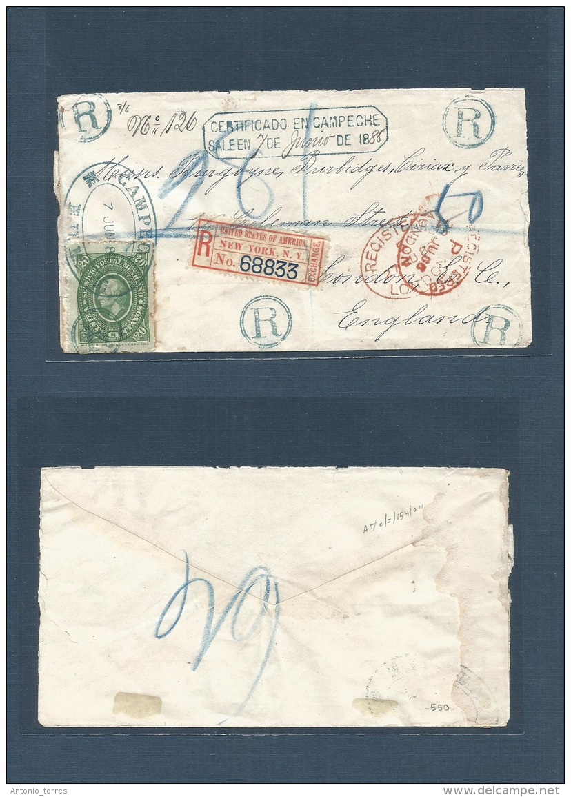 Mexico. 1886 (7 June) Campeche - UK, London (28 June) Gorgeus Registered 20c Green Medalion Fkd Envelope, Blue Registrat - México