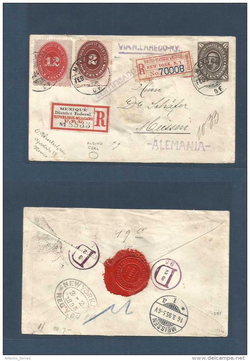 Mexico - Stationery. 1895 (24 Febr) DF - Germany, Meissen (16 March) Registered 6c Brown Medallon Stationery Envelope + - México