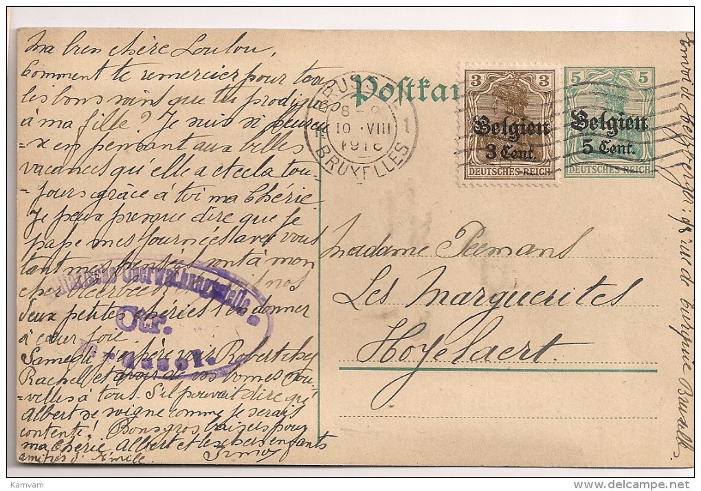 POSTKARTE 5c + 3c OC11 Cent. BRÜSSEL CTR. MILITARISCHE UBERWACHUNGSSTELLE 6 BRUSSEL - OC38/54 Belgian Occupation In Germany