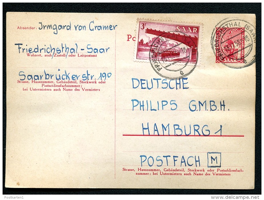 SAARLAND P34 I Postkarte FRIEDRICHSTHAL - Hamburg 1953  Kat. 32,00 € - Entiers Postaux