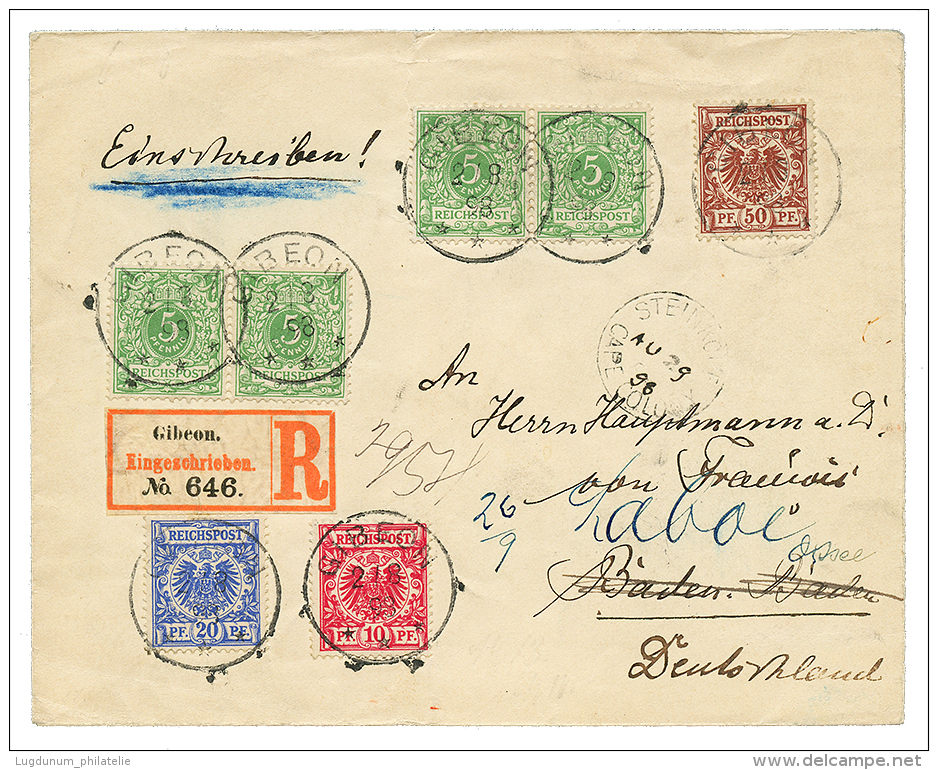 DSWA - VORLAUFER : 1898 5pf(v46c)x4 + 10pf(v47d)+ 20pf(v48d)+ 50pf(v50d) Canc. GIBEON On REGISTERED Envelope To GERMANY. - Autres & Non Classés