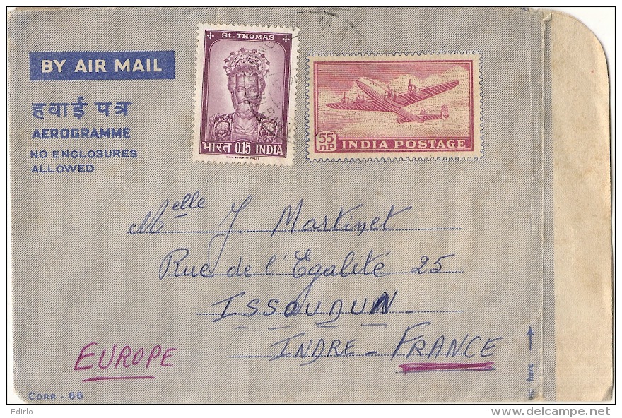Enveloppe Supplémentée Poste Aérieznne - Cachet Peu Lisible Destination France - Buste