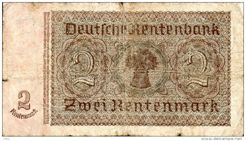 Germany,2 Rentenmark,P.174b(8 Digit Serial),used,see Scan - 2 Rentenmark