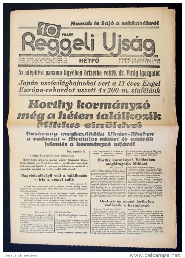 1936  A Reggeli Ujság VIII. évfolyamának 34. Száma, Címlapon A Horthyról... - Non Classés