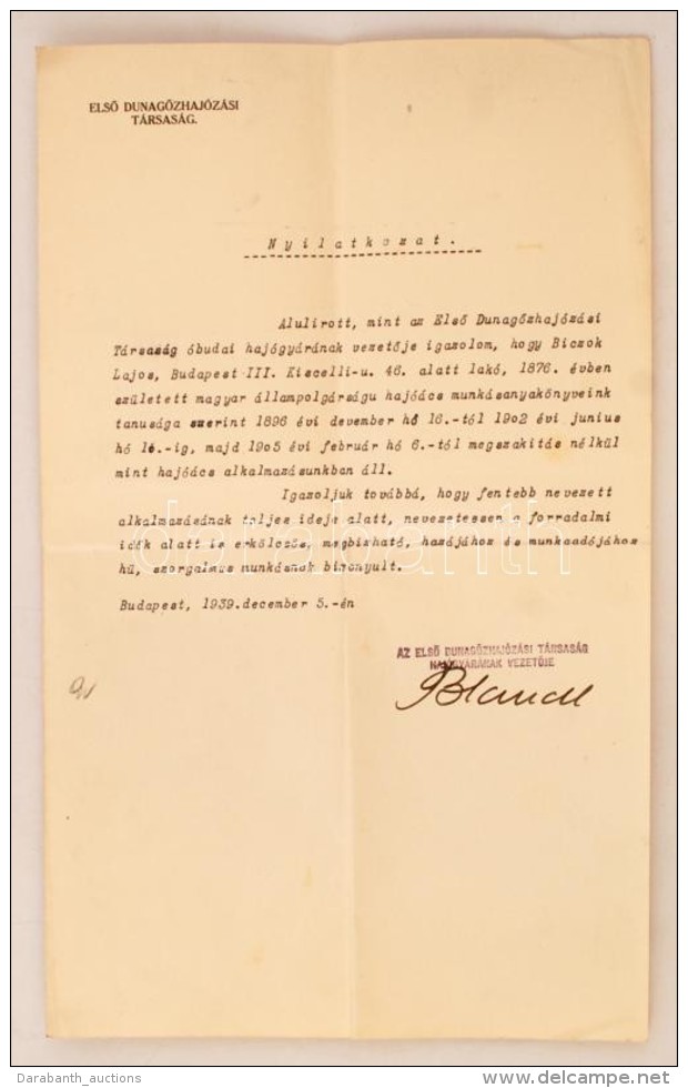 1939 ElsÅ‘ DunagÅ‘zhajózási Társaság Nyilatkozata Arról, Hogy Dolgozója... - Non Classés