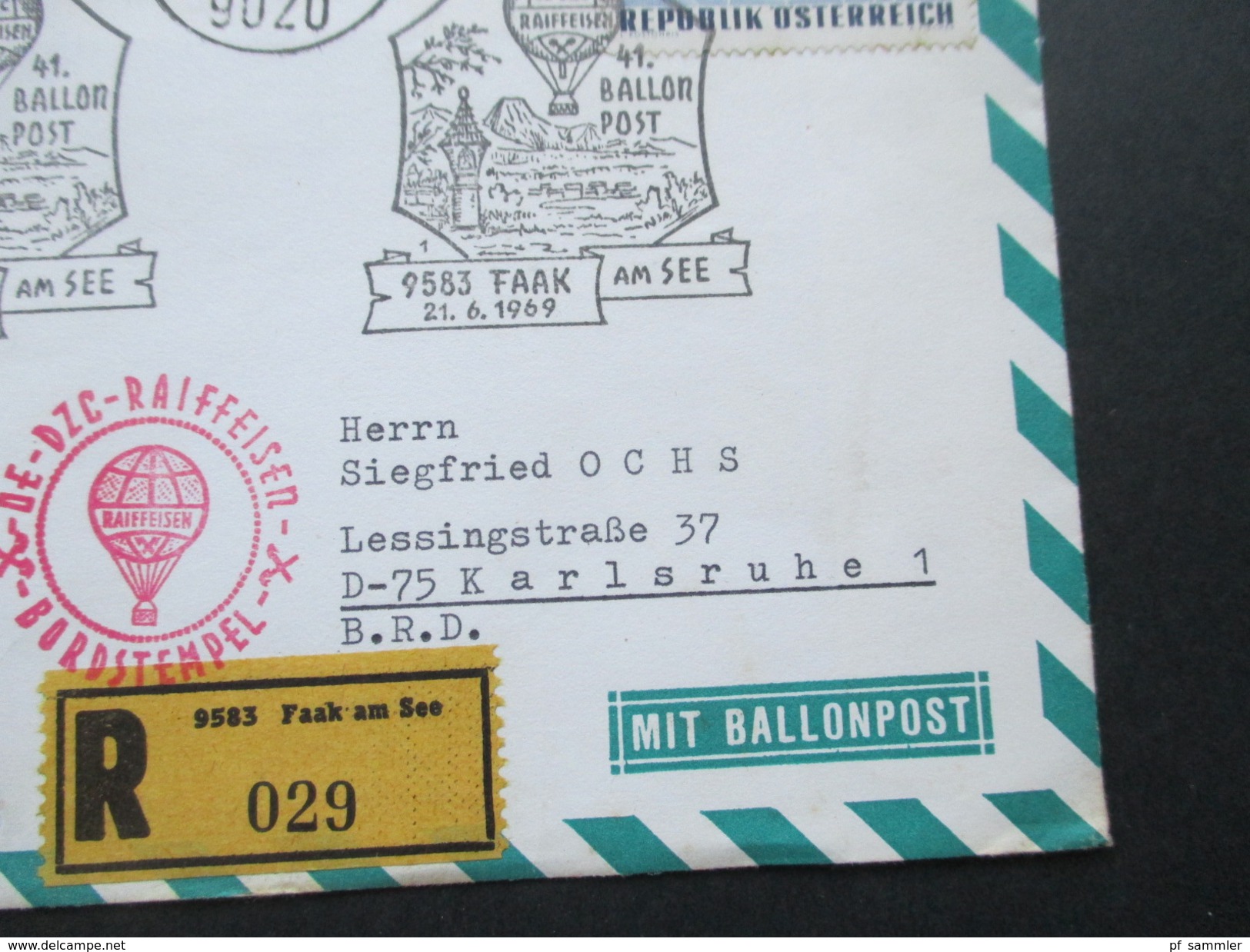 Österreich 1969 Ballonpost Faak Am See. DE DZC Raiffeisen Bordstempel. 41. Ballonpost - Ballons