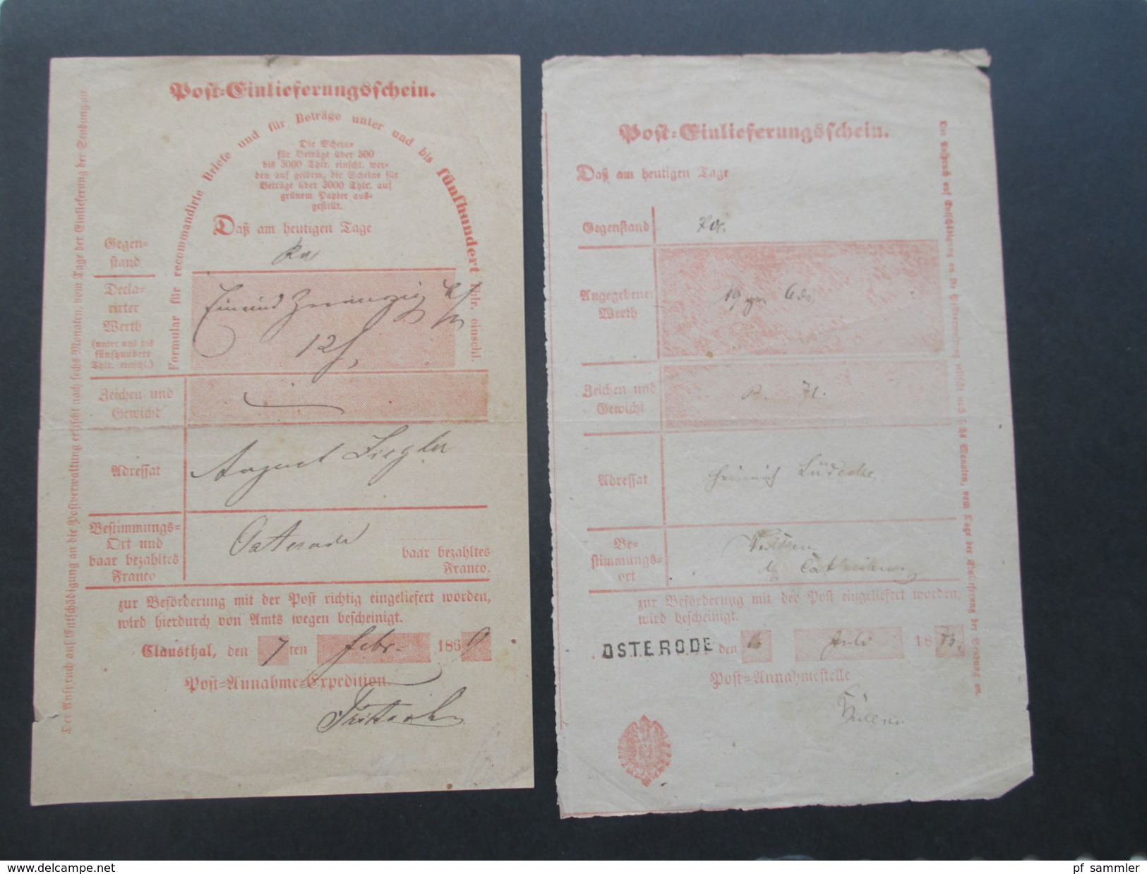 Altdeutschland / Deutsches Reich 1869 Und 1873 Post Einlieferungsschein 2 Stück. Osterode (Harz) - Briefe U. Dokumente