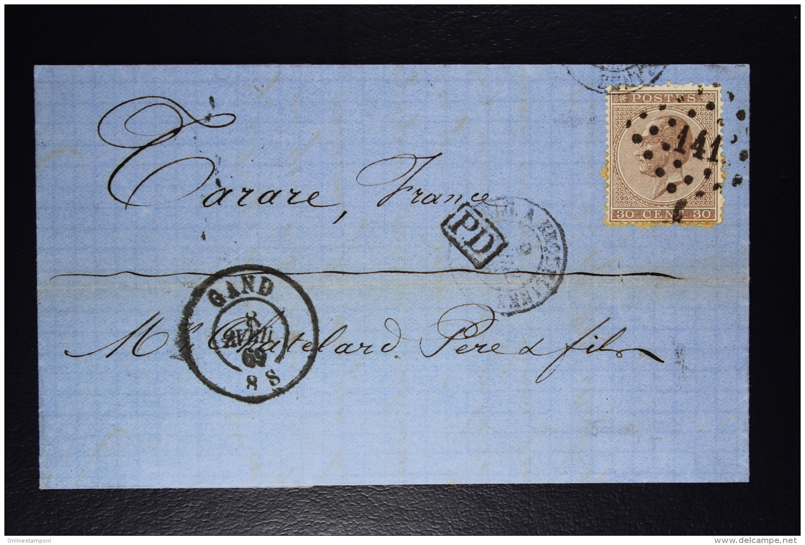 Belgium Letter OPB Nr 19a  3 Mi Nr 16, Cancel Nr 141 Gent To Tarare France   Boxed PD In Black - Oblitérations à Points