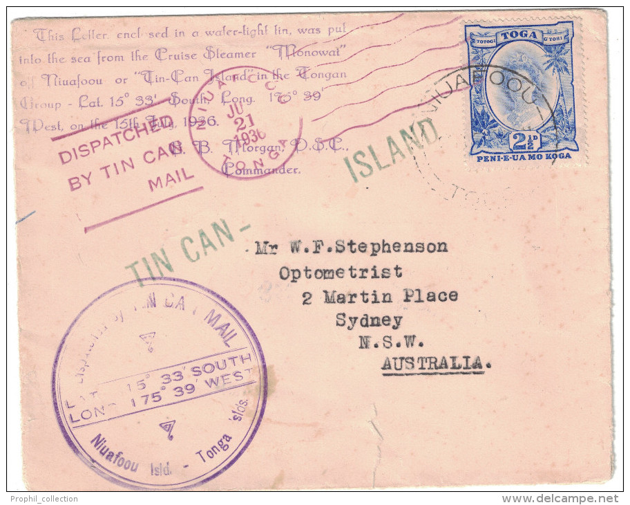 TOGA / TONGA - 1936 COVER By TIN CAN MAIL / Courrier Voyagé Par "boite De Conserve" En Pleine Mer - Tonga (...-1970)