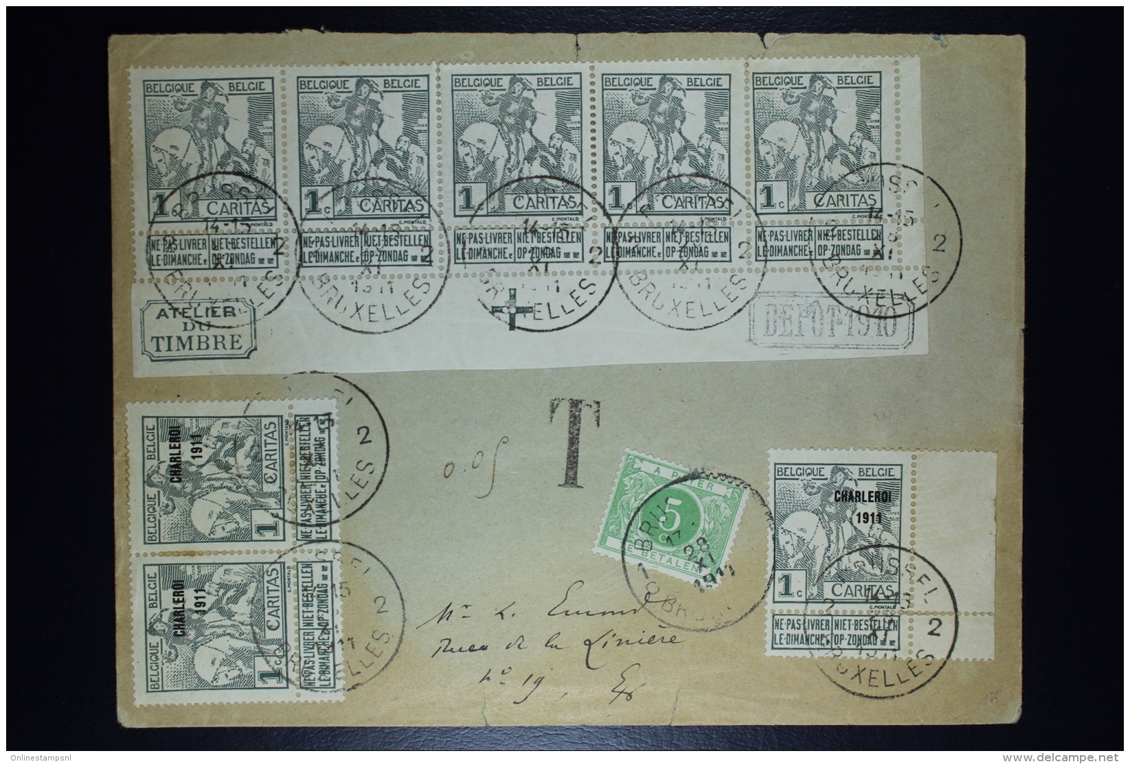 Belgium:  Cover OBP 84 In Strip Of 5 Cornerpiece + 3 X Nr 100 + Postage Due TX3A Local Brussels  1911 - 1910-1911 Caritas