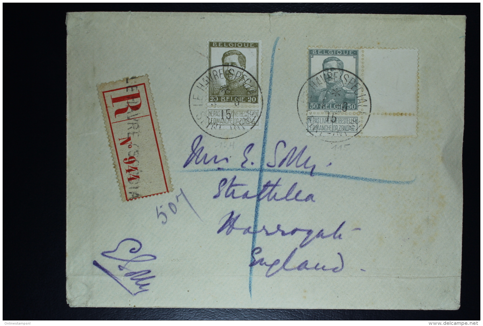 Belgium:  Registered Cover OBP  115 + 119  Le Havre Special To The UK 1915 - 1912 Pellens