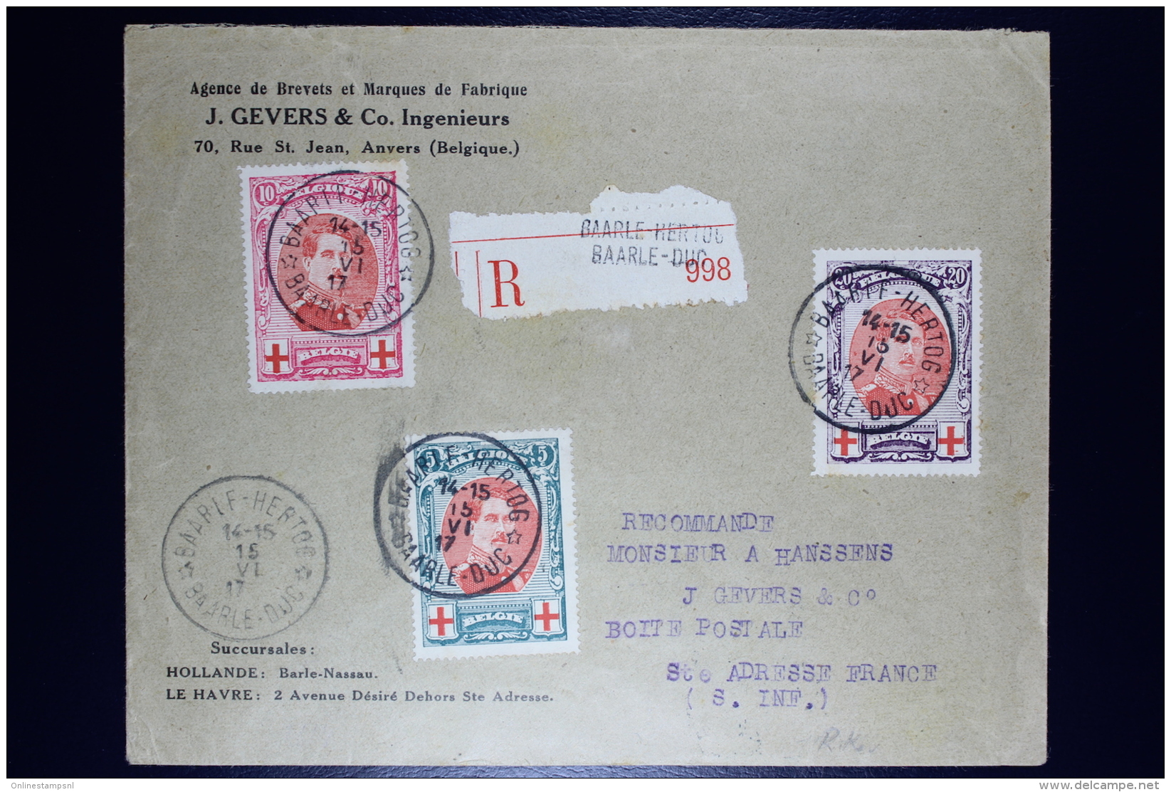 Belgium:  Registered Cover OBP  132 - 134  Baarle Hartog To St. Adresse France 1917 Most Lilely Via The UK. - 1914-1915 Croix-Rouge