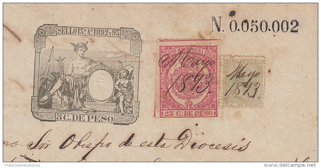 1892-PS-8 CUBA ESPAÑA SPAIN. 1892. ALFONSO XIII REVENUE SEALLED PAPER. SELLO 13 + TIMBRE MOVIL + POSTAGE REVENUE USE. - Postage Due