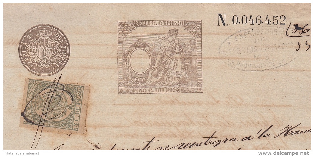 1890-PS-5 CUBA ESPAÑA SPAIN. 1890. ALFONSO XIII REVENUE SEALLED PAPER. SELLO 11 + TIMBRE MOVIL. - Postage Due