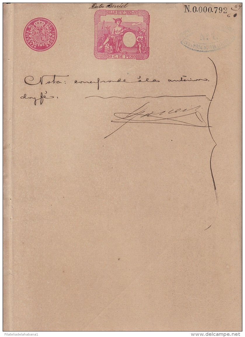 1892-PS-6 CUBA ESPAÑA SPAIN. 1892. ALFONSO XIII REVENUE SEALLED PAPER. SELLO 11. - Postage Due