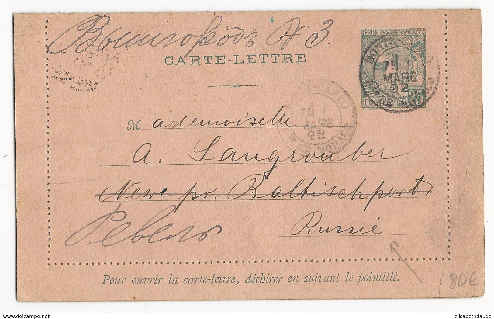 MONACO - 1892 - CARTE-LETTRE ENTIER De MONTE-CARLO Pour La RUSSIE Avec REACHEMINEMENT - DESTINATION RARE ! - Postwaardestukken