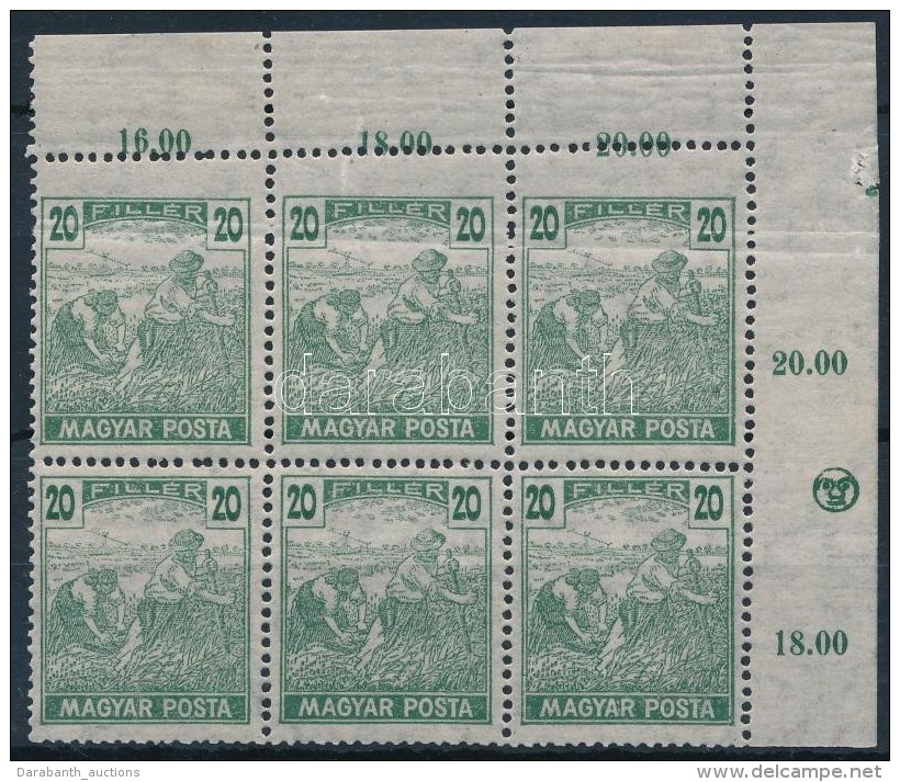 ** 1919 Magyar Posta 20f Elfogazott ívsarki Hatostömb / Mi 315 Misperforated Corner Block Of 6 - Otros & Sin Clasificación