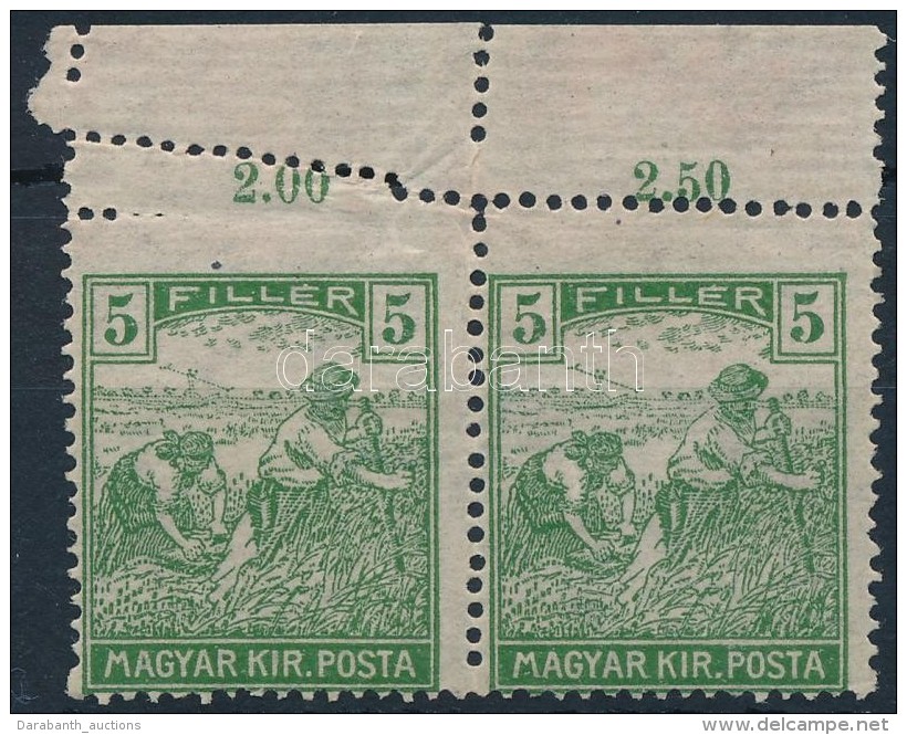 ** 1919 Magyar Posta 5f Elfogazott ívszéli Pár  / Mi 244 Misperforated Margin Pair - Otros & Sin Clasificación