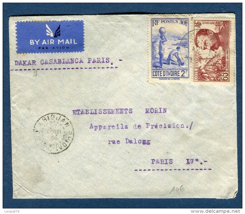 France / Côte D ' Ivoire - Enveloppe De Abidjan Pour Paris Par Avion , Ligne Dakar / Casablanca / Paris 1938  Réf  N 41 - Covers & Documents