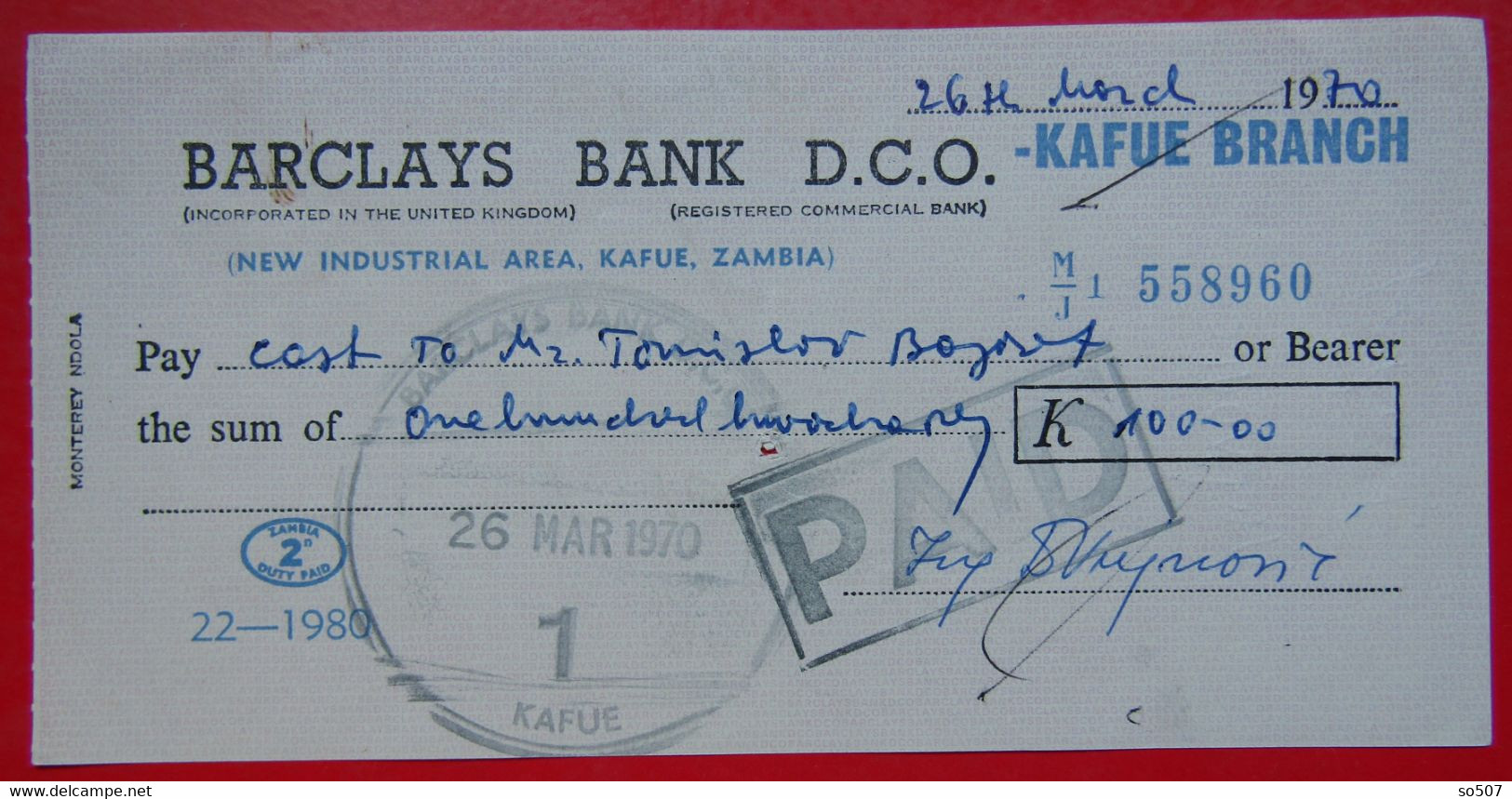 X1- Check, Cheque -Barclays Bank D.C.O. London -New Industrial Area, Kafue, Zambia 1970. United Kingdom, Africa - Assegni & Assegni Di Viaggio