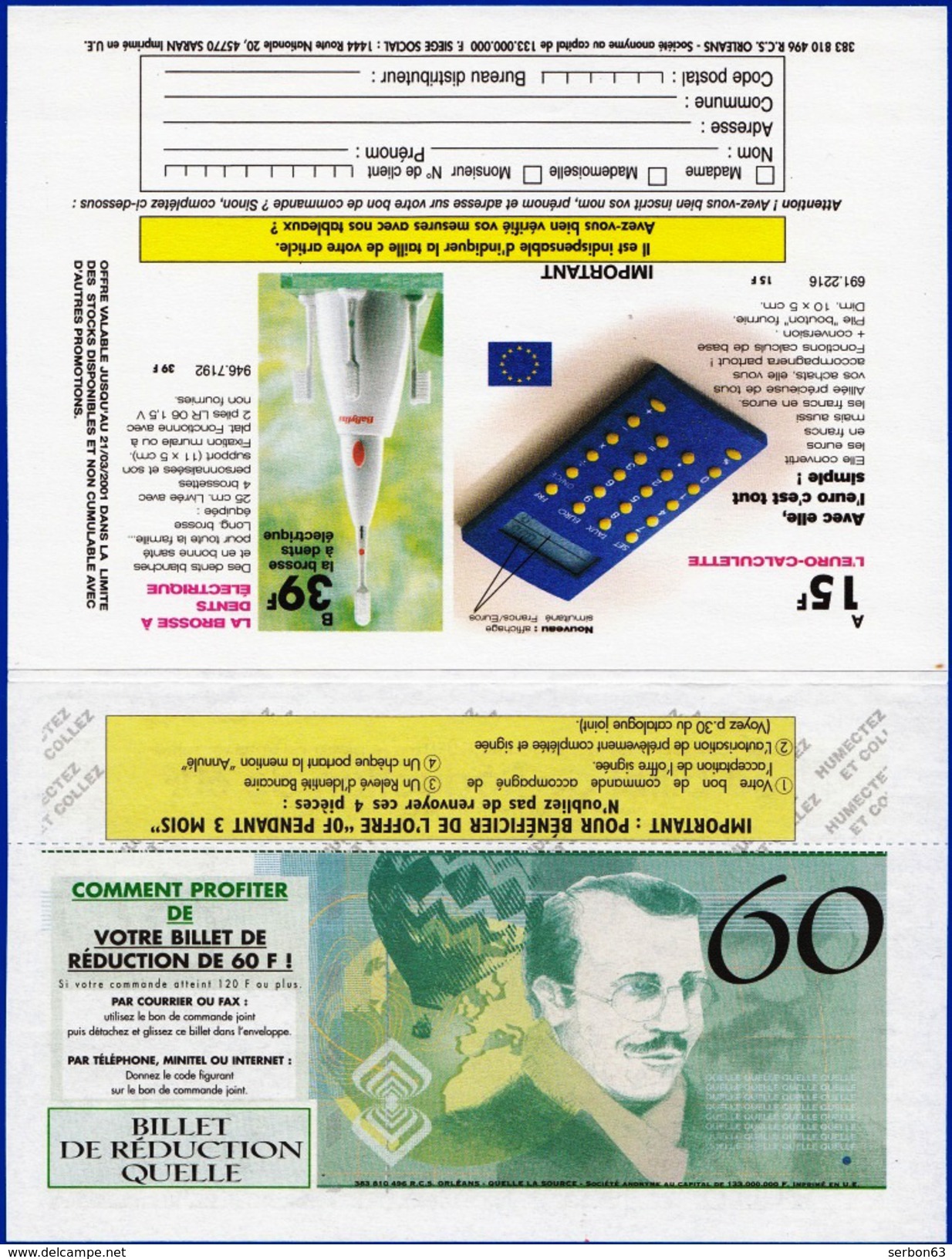 1 SPECIMEN VRAIE FAUSSE MONNAIE 60 FRANCS QUELLE AVEC SA SOUCHE ET SON ENVELOPPE DOCUMENT FICTIF 15,7X6,7cm - Specimen