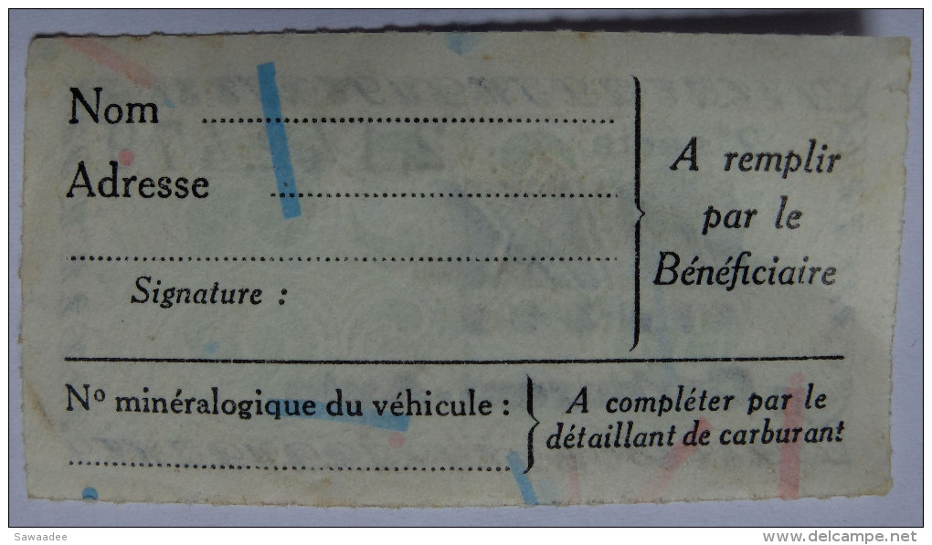 COUPON DE RATIONNEMENT - LOT DE 5 - CARBURANT AUTO -DIX LITRES - ANNEE 50 - - Autres & Non Classés