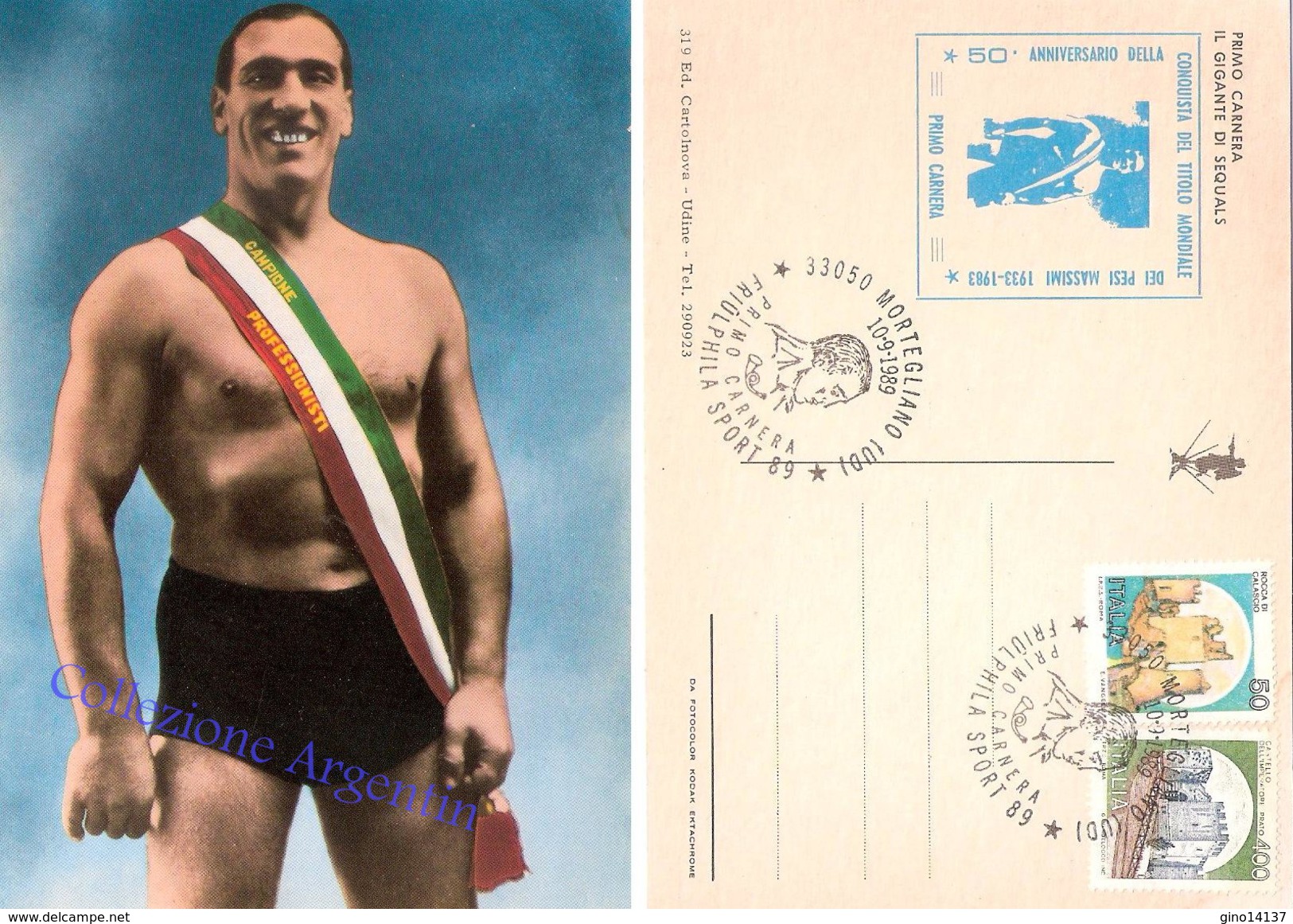 Cartolina Postale Con Annullo Speciale: PRIMO CARNERA - IL GIGANTE DI SEQUALS - Sporters