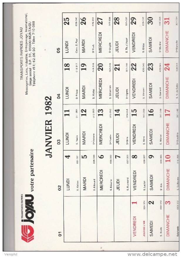 CALENDRIER PUBLICITAIRE ILLUSTRE DE 12 DESSINS HUMORISTIQUES- 1982 - TRANSPORTS JOYAU - - Tamaño Grande : 1981-90