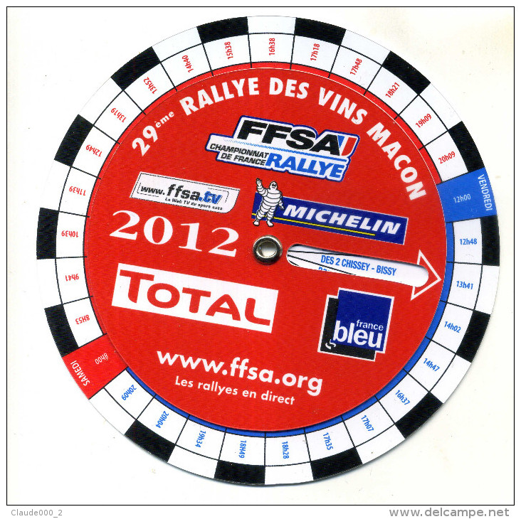 PROGRAMME INTELLIGENT DU 29eme RALLYE DES VINS MACON 2012 PLASTIQUE STYLE DISQUE DE STATIONNEMENT ETAT NEUF - Autres & Non Classés