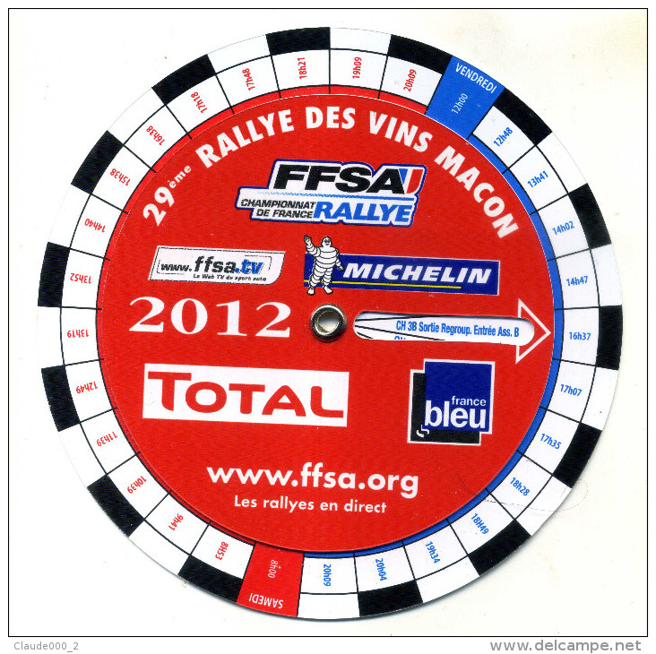 PROGRAMME INTELLIGENT DU 29eme RALLYE DES VINS MACON 2012 PLASTIQUE STYLE DISQUE DE STATIONNEMENT ETAT NEUF