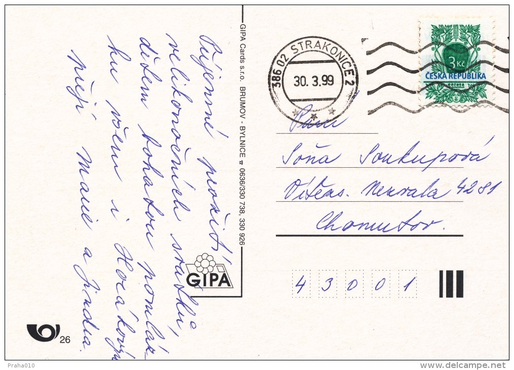 L0502 - Czech Rep. (1995) 386 02 Strakonice 2 (postcard) Tariff: 3 Kc (stamp: Shifted Inscription "CESKA REPUBLIKA") - Errors, Freaks & Oddities (EFO)