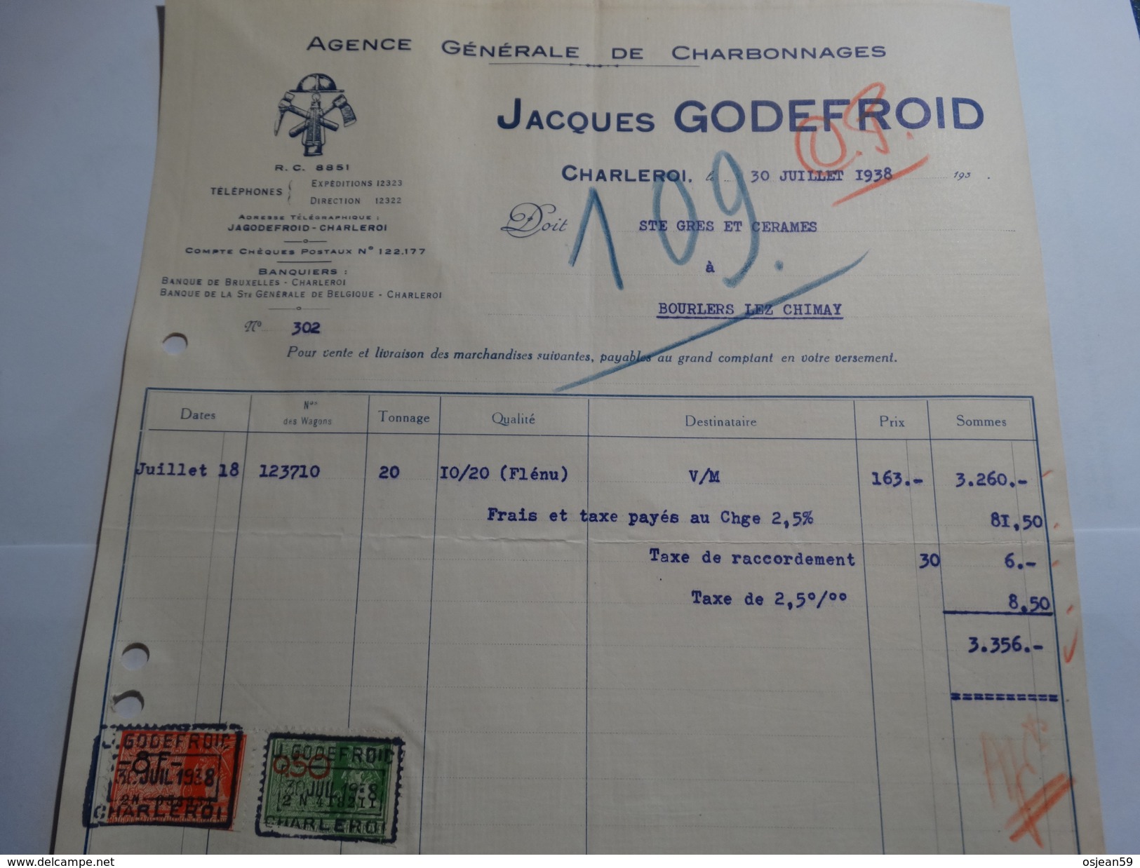 Timbres Fiscaux Sur Facture.Agence Générale De Charbonnages Jacques GODEFROID à Charleroi.-1938- - Documentos