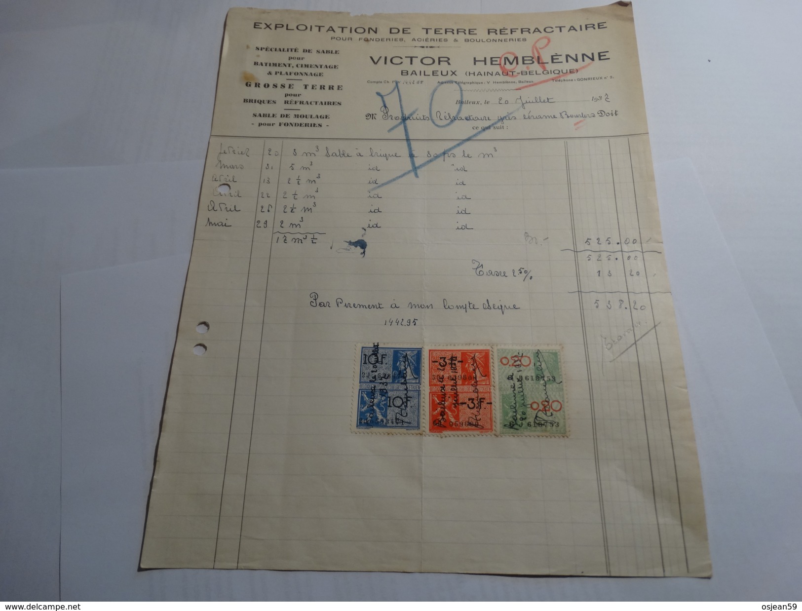 Timbres Fiscaux Sur Facture.Exploitation De Terre Réfractaire VICTOR HEMBL7NNE à Baileux(Chimay).-1937- - Documentos