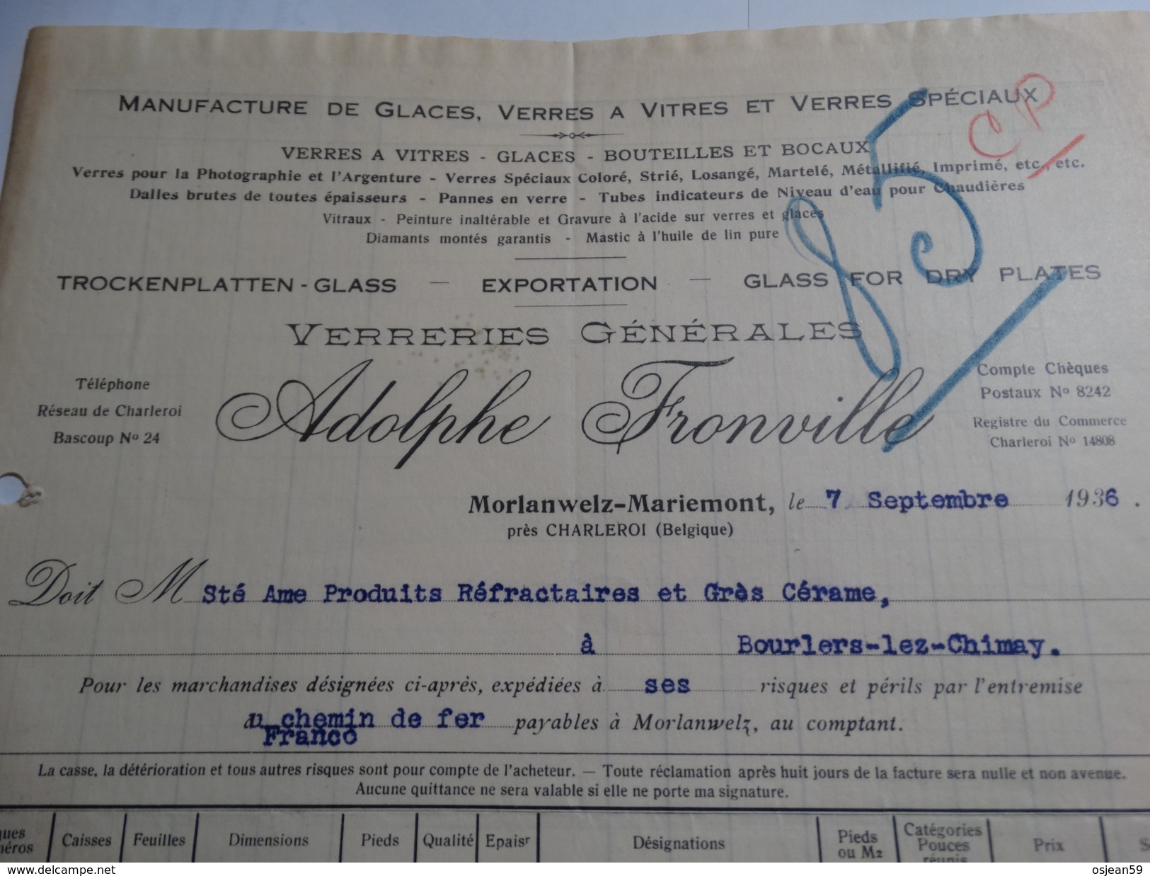 Timbres Fiscaux Sur Facture.Manufactures De Glaces Et Verres Spéciaux.Adolphe Fronville à Morlanwelz-Mariemont.-1936- - Documentos