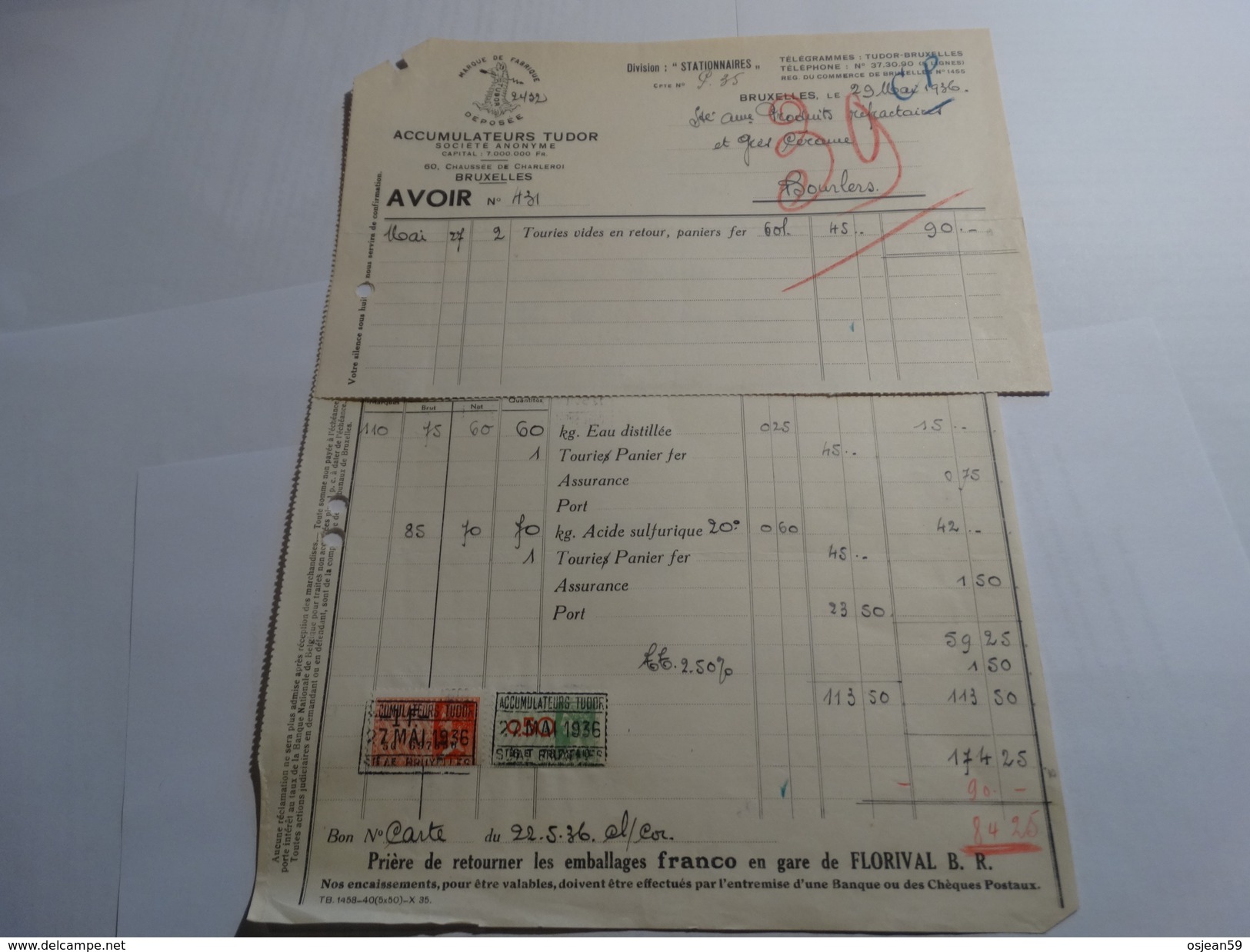 Timbres Fiscaux Sur Facture.Accumulateurs TUDOR à Bruxelles.-1936- - Documentos