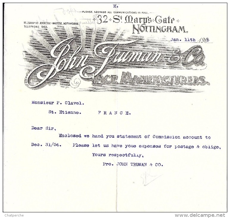 COURRIER JOHN TRUMAN & CO LACE MANUFACTURERS NOTTINGHAM 1905 - Royaume-Uni